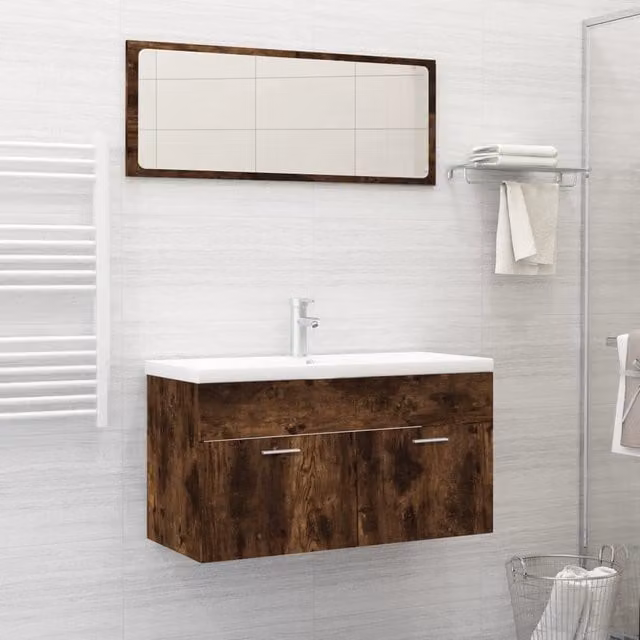 Berkfield Home 2 Piece Modern Bathroom Furniture Set with Vanity Unit and Mirror Cabinet in Smoked Oak Brown