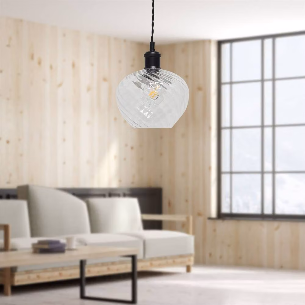 First Choice Lighting Bradson Retro Pendant Fitting with Transparent Swirl Glass and Black Metal Finish – 2