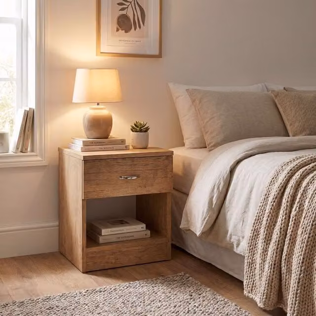 FWStyle Modern Oak Effect Bedside Table with One Drawer and Shelf in Brown