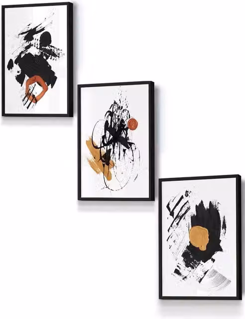 ARTZE Abstract Modern Framed Wall Art with Black, Yellow, Orange and White Oil Strokes, W: 33 cm, H: 45 cm, D: 0.2 cm