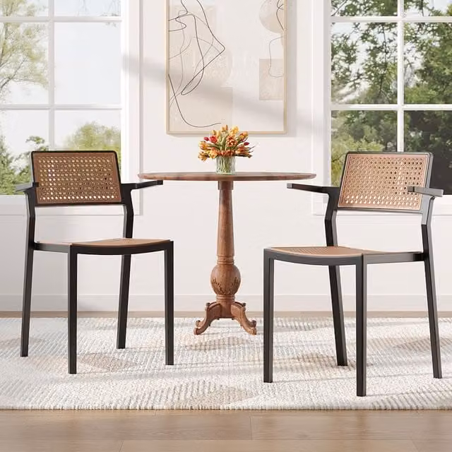 Komore Set of 4 Black Pseudo-Rattan PP Dining Chairs with Armrests