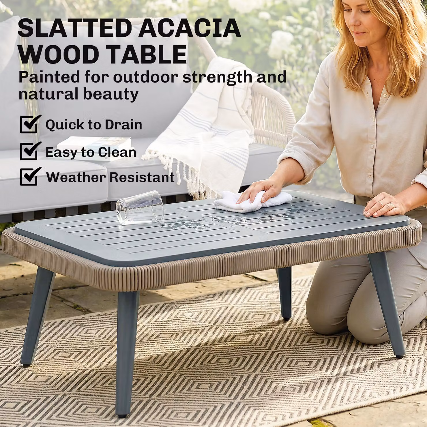 Outsunny 4 Piece Grey Rattan Garden Furniture Set with Acacia Wood Table, Loveseat and Armchairs – 5