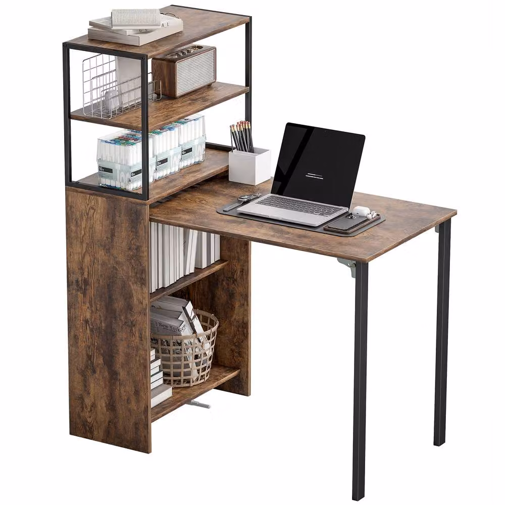 STILVORA Folding Desk with Four-Tier Shelf in Brown – 5