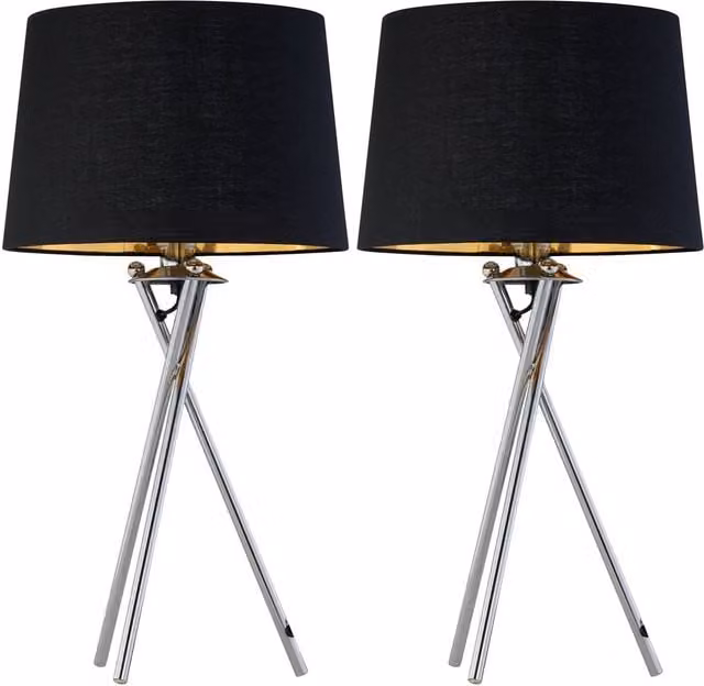First Choice Lighting Set of 2 Chrome Tripod Lamps with Black and Gold Fabric Shades