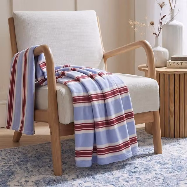 OHS Vintage Striped Polar Fleece Throw Blanket, Blue Multicolour, W: 120 cm, D: 150 cm