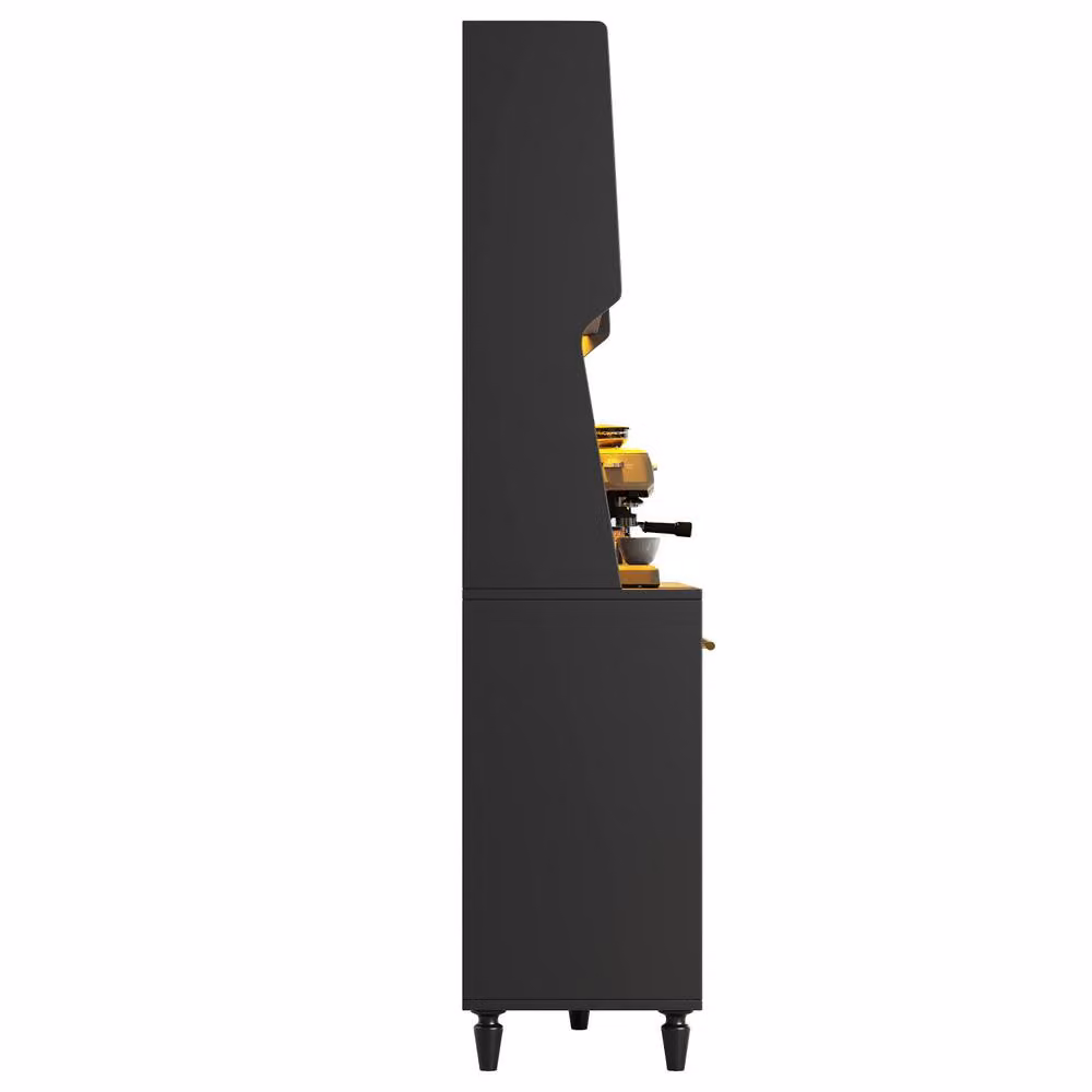 Rolipo Black Tall Kitchen Display Cabinet with LED Lighting, Glass Doors and 3 Drawers – 4