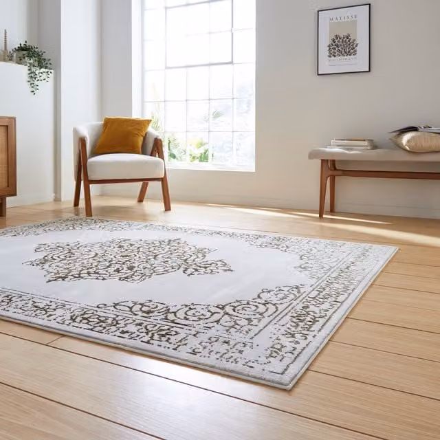 Terrys Rectangular Ornament Rug in Gold, Silver and White