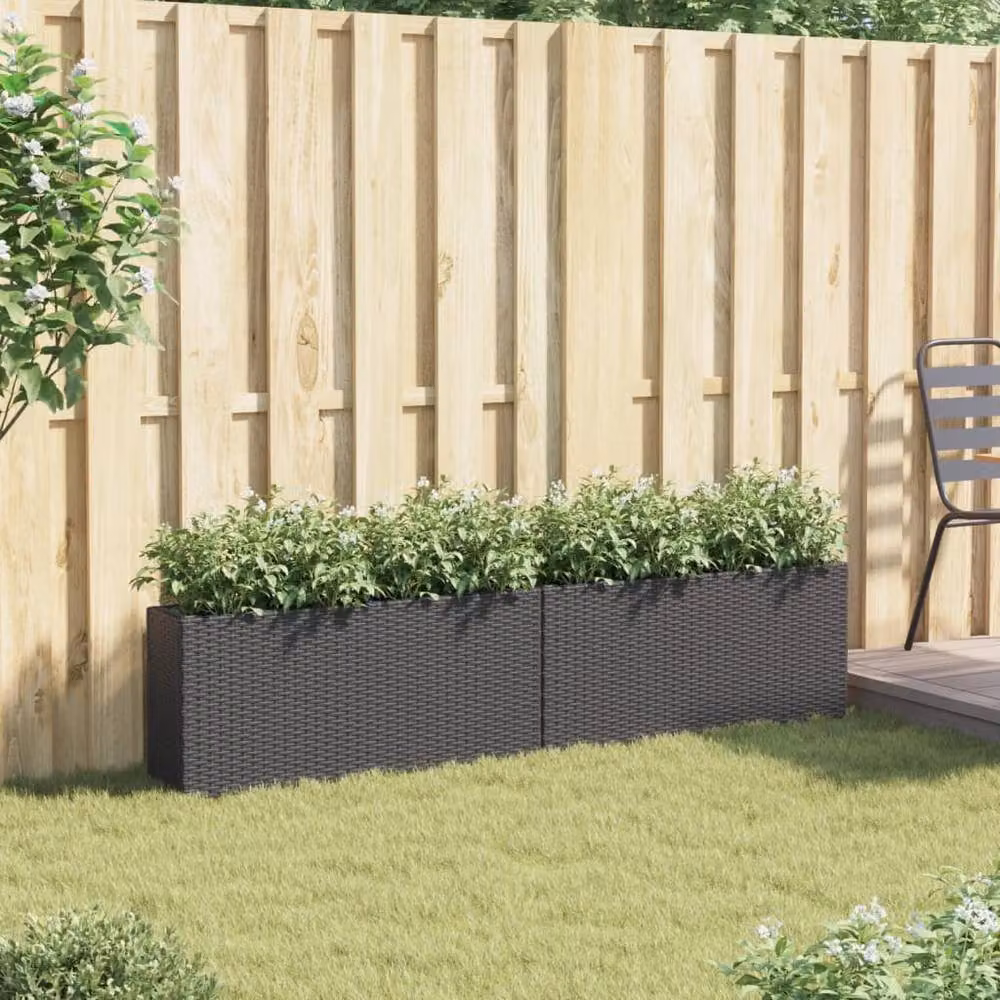 Berkfield Home Garden Planters with 2 Pots, Black Poly Rattan, W/D/H: 90 x 20 x 40 cm – 3