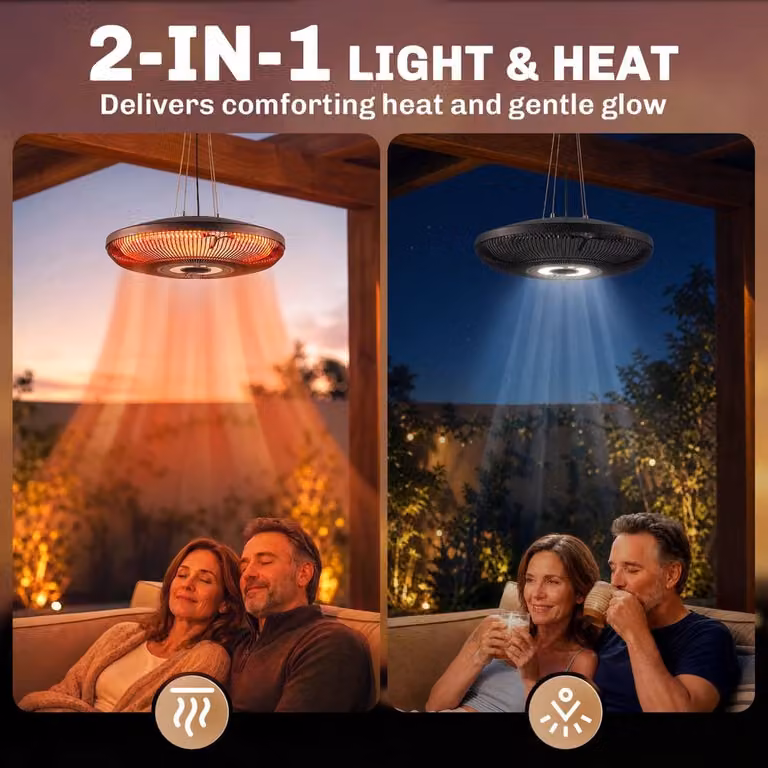 Outsunny Hanging Electric Patio Heater with LED Light, 2000 W IP65 Outdoor Infrared Heater, Black