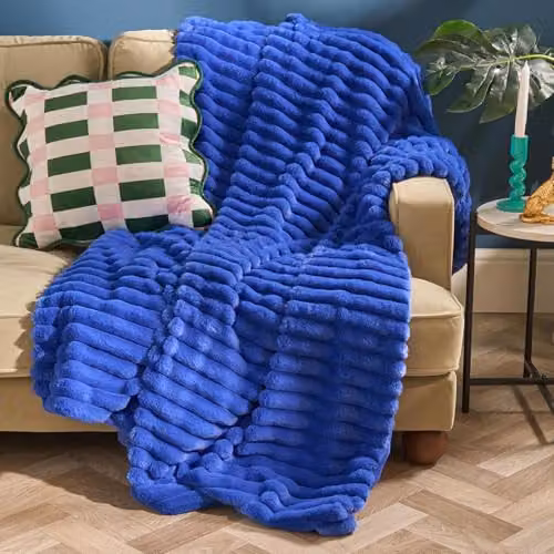 OHS Ribbed Faux Fur Fleece Throw Blanket, Cobalt Blue, W: 125 cm, D: 150 cm – 2