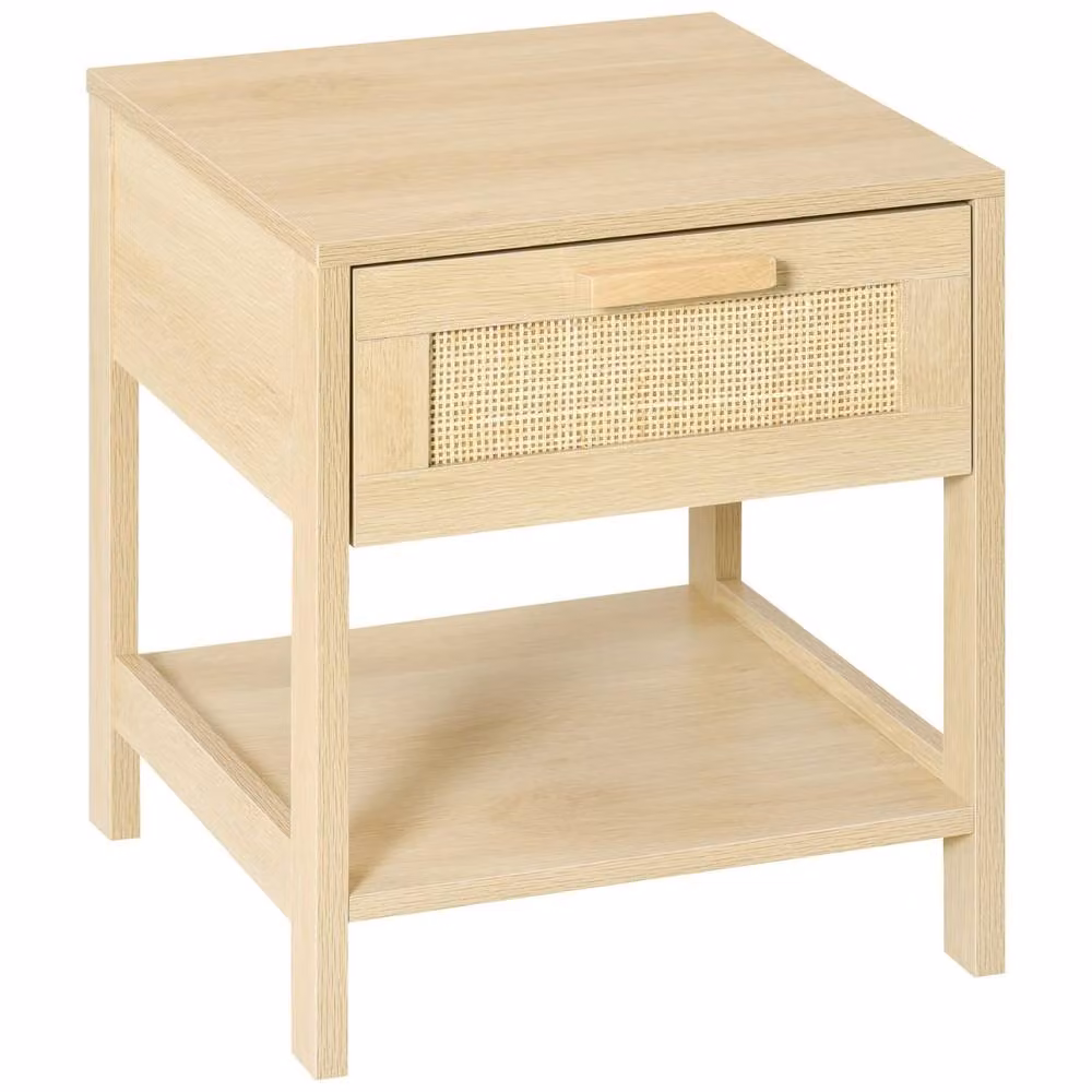 Wyld Haus Tafa Wood Effect Bedside Table with Rattan Style Drawer and Open Shelf in Sand/Beige, W/D/H: 40 x 40 x 48 cm – 2