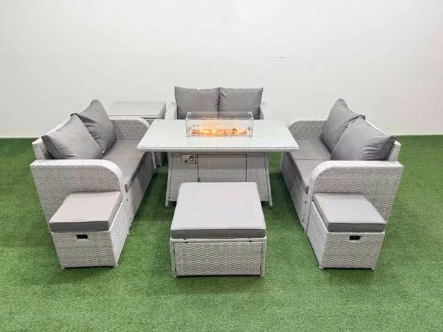 Fimous 9 Seater PE Wicker Rattan Garden Furniture Set in Light Grey with Firepit Dining Table, 2 Seater Love Sofa and 3 Stool Side Tables