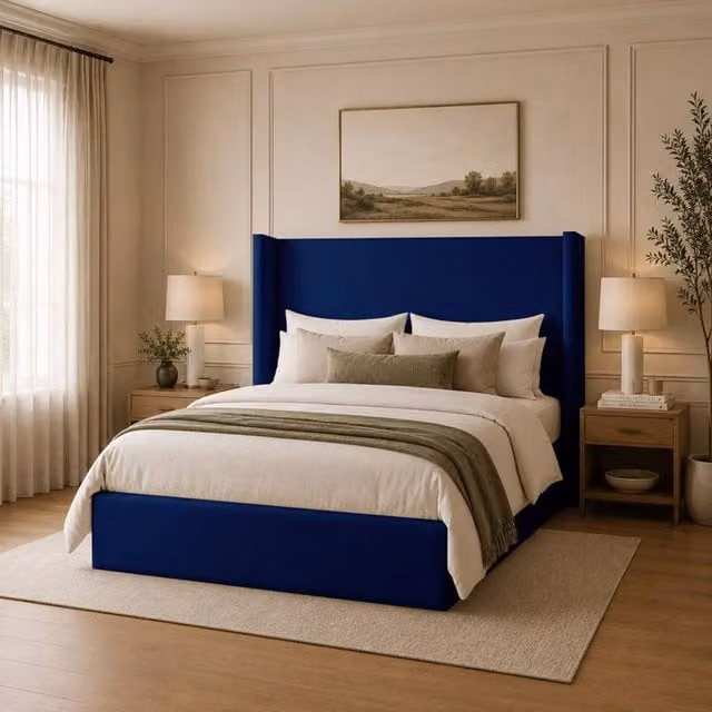 Desire Deco Lynx Wingback Upholstered Velvet Bed Frame in Blue, Super King Size (200 x 200 cm)