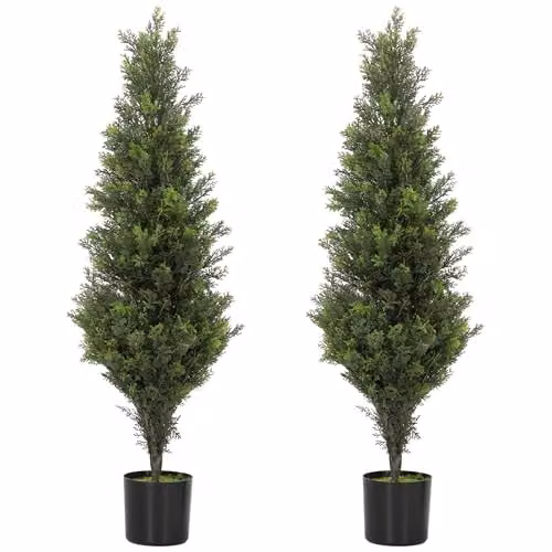 HOMCOM Set of 2 Green Decorative Artificial Cypress Trees with Weighted Concrete Pots, Height: 90 cm – 1