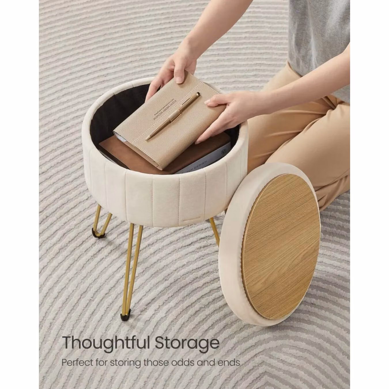 SONGMICS Round Velvet Storage Ottoman Dressing Stool in White with Metal Legs – 3