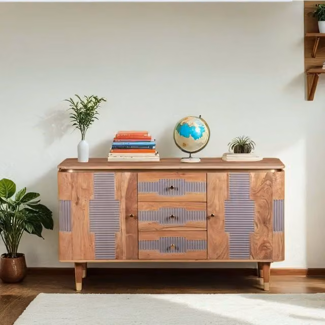 IH Design Alicia Rustic Acacia Wood Sideboard in Grey, W/D/H: 140 x 40 x 80 cm