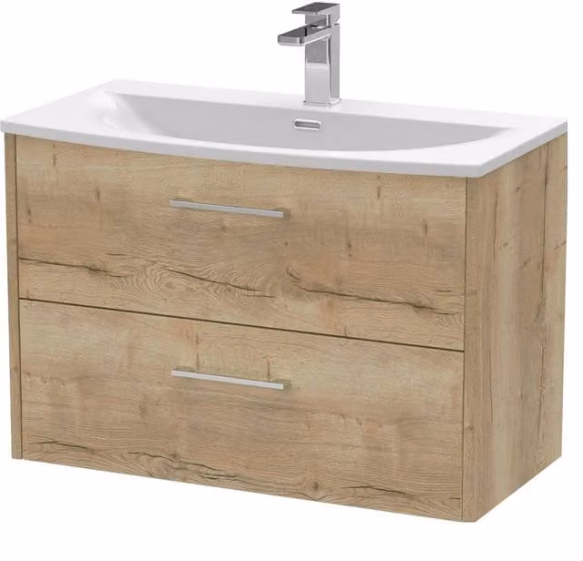 Balterley Winshill Wall Mounted 2 Drawer Vanity Unit with Curved Basin in Light Oak Brown, Width: 80 cm