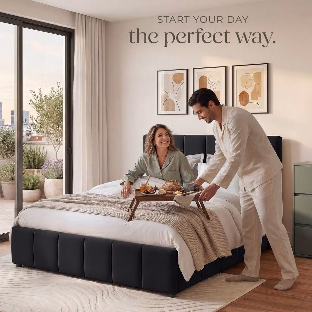 tectake Shirley Upholstered Super King Bed with Slatted Frame and Lift Up Base in Black – 8