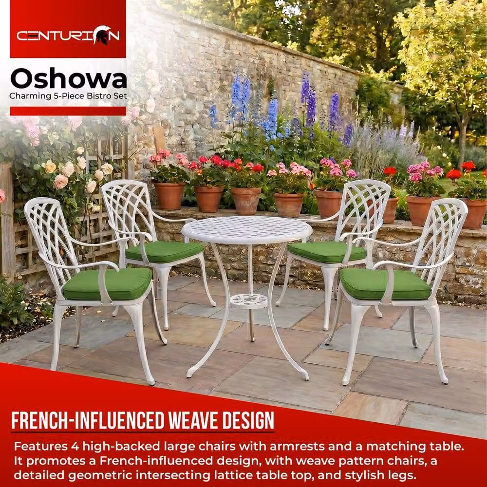 Centurion OSHOWA 5-Piece Cast Aluminium Bistro Set with Round Table and 4 High-Back Armchairs, White with Green Cushions – 2