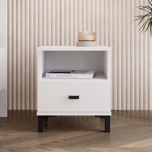 Dorel Home Modern White and Brown Bedside Table with Side Compartments