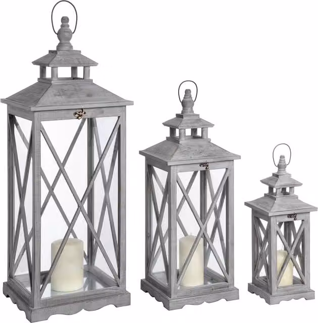 Love Lace Set of Three Grey Wooden Lanterns with Traditional Cross Section – 1