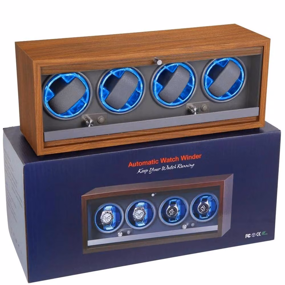 FLAVORA 4 Slot LED Watch Winder with Grey Inner Lining in Brown – 2