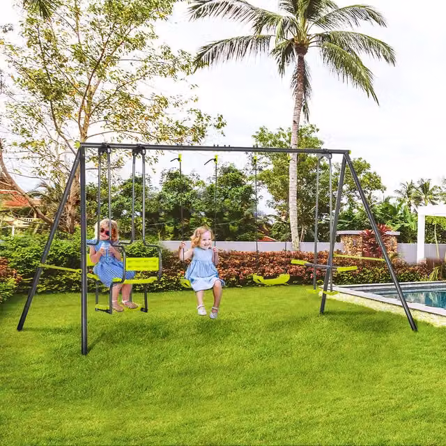 Outsunny A-Frame Double Swing Set with Swing in Green