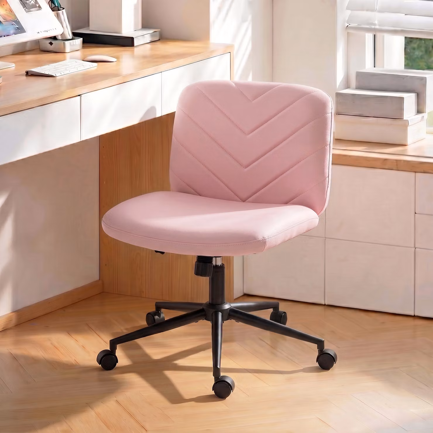 HOMCOM Pink Swivel Task Chair with Castors and Synthetic Leather Upholstery, W/D/H: 58 x 53 x 62 cm – 2