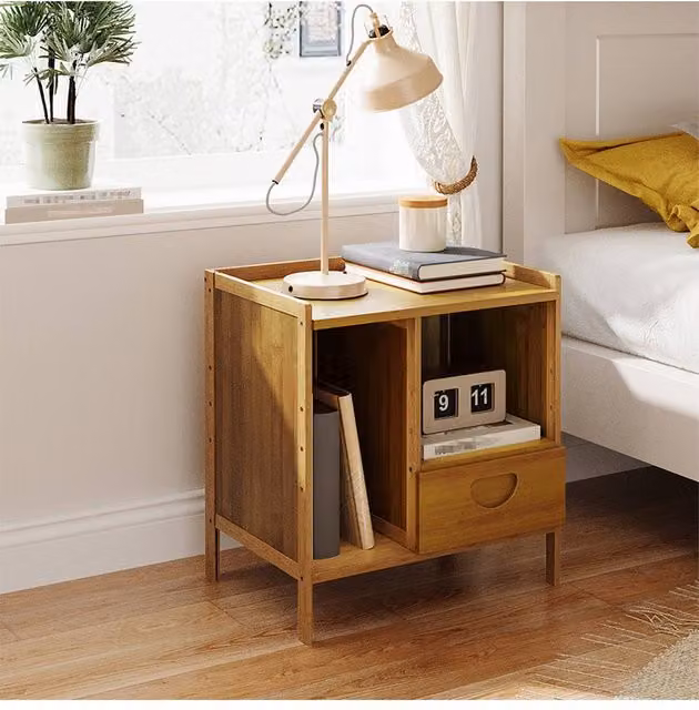 Living and Home Modern Brown Wood Bedside Table with Drawer – 1