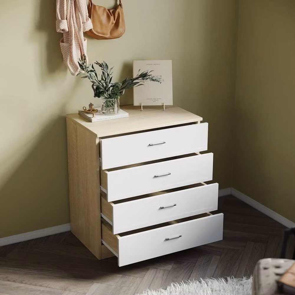 FORGEVIO Modern High Gloss 4 Drawer Chest in White and Oak, W: 60 cm, H: 67 cm, D: 38 cm – 4