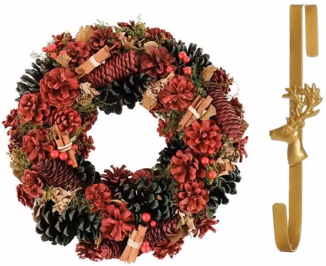 Dibor Cinnamon Pine Christmas Wreath with Deer Hanger in Red and Green, Diameter: 36 cm – 1