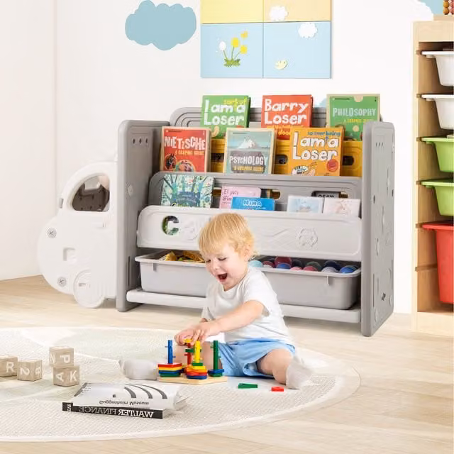 COSTWAY Grey Car Themed Kids Toy Storage Cabinet