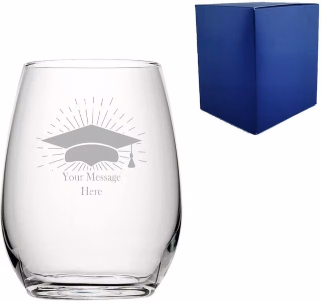 Uniqueful Personalised Graduation Stemless Wine Glass with Grad Cap Burst Design in Transparent Glass