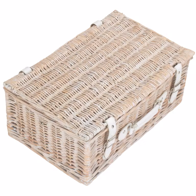 Red Hamper Wicker Picnic Basket in White Wash