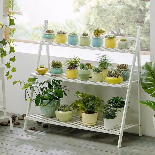 Livingandhome White Foldable Ladder Plant Stand and Shoe Rack