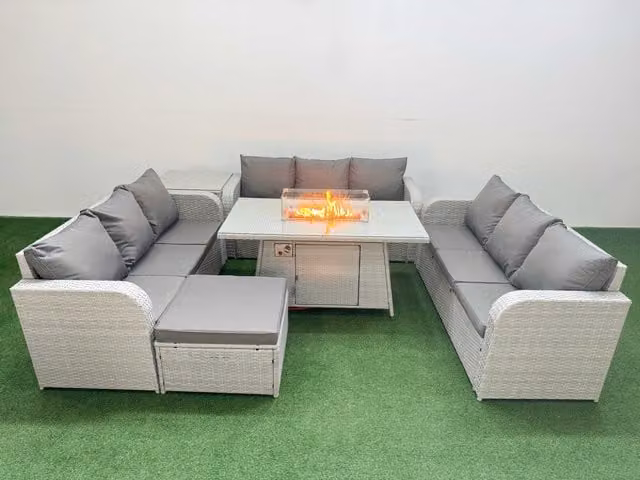 Fimous 10 Seater PE Rattan Outdoor Garden Furniture Set in Light Grey with Firepit Dining Table, 3 Seater Sofa, Big Footstool and Side Table