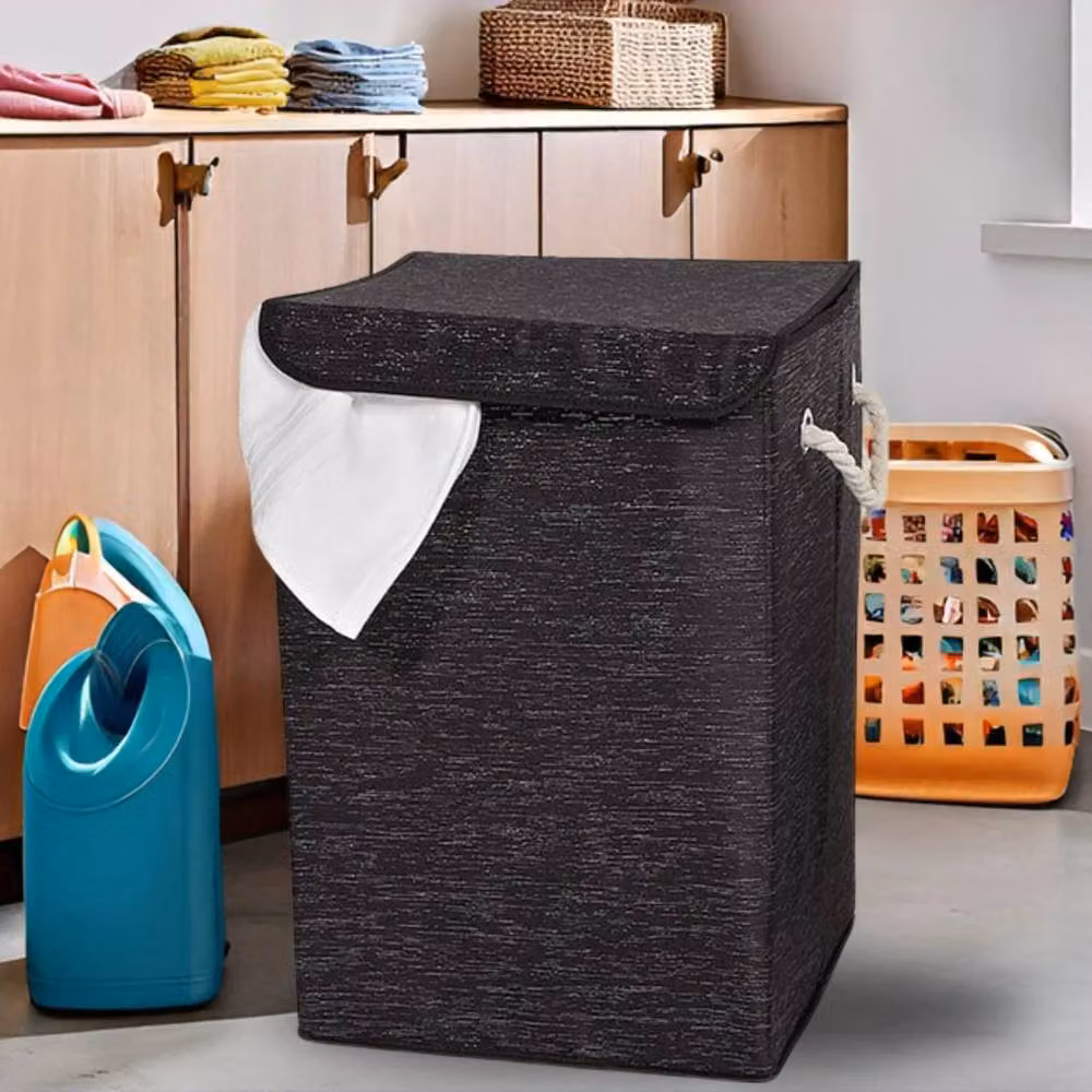 Kelvenix Black Collapsible Fabric Laundry Basket with Lid and Handles – 3