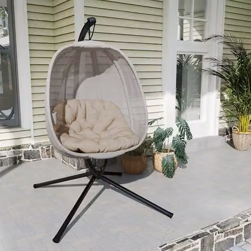 Outsunny Hanging Egg Chair with Metal Stand in Beige and Brown – 7