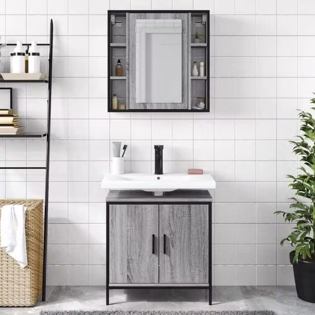 Berkfield Home 2 Piece Grey Modern Bathroom Furniture Set with Mirror Cabinet and Vanity Unit