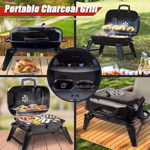 Alivio Portable Charcoal BBQ Grill with Lid, Compact Folding Tabletop Barbecue in Black – 9