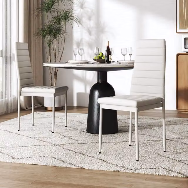 Livingandhome Set of 2 Modern Faux Leather Dining Chairs with Metal Legs in White and Grey