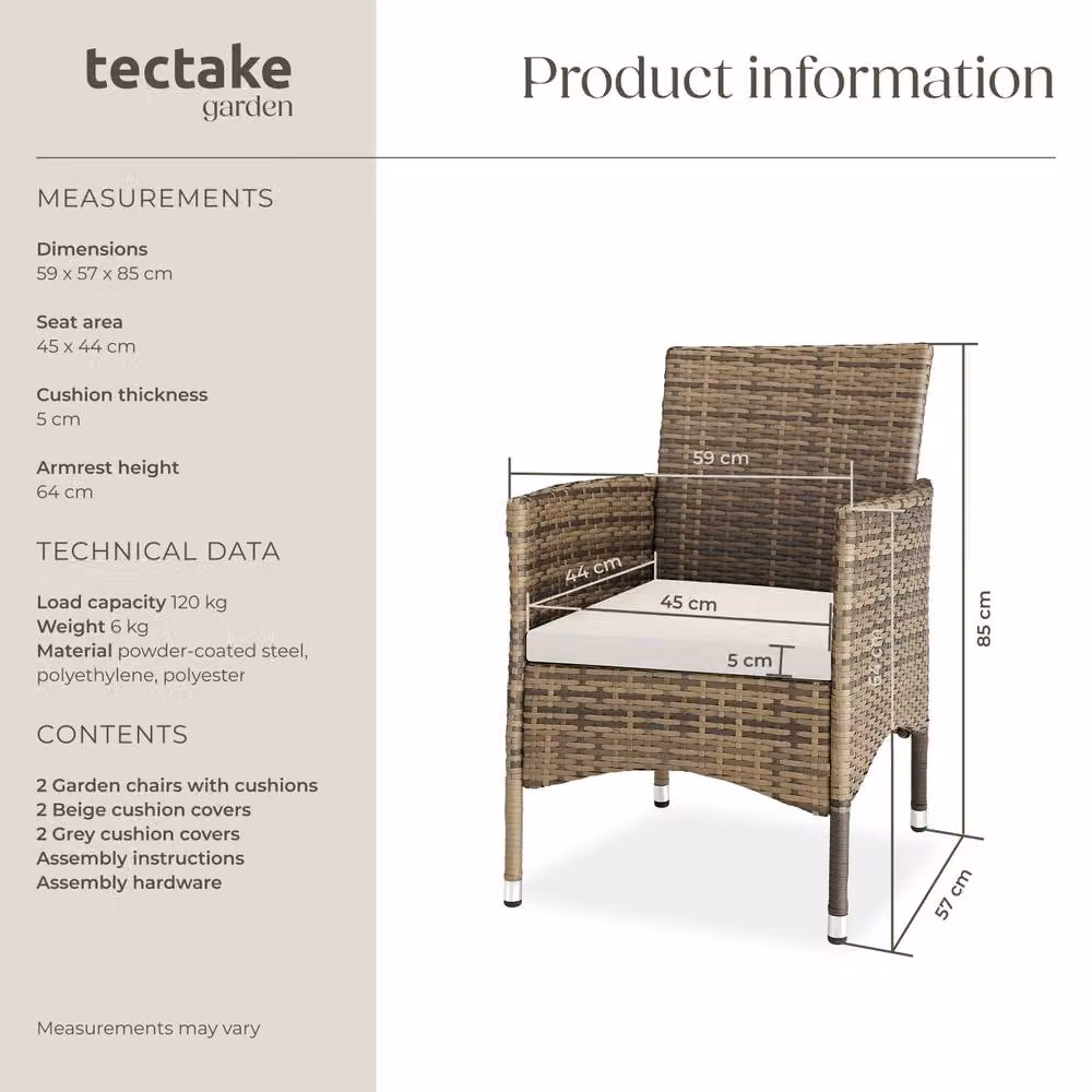 tectake Nantes Set of 2 Modern Grey Polyrattan Garden Chairs with Cushions and Weather Covers – 7