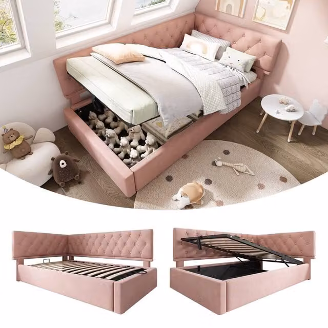 BTM Pink Velvet Single Sofa Bed with Hydraulic Storage and Metal Frame, W/D/H: 90 x 190 cm – 1