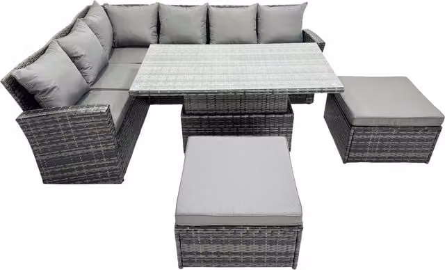 Fimous Poly Rattan Outdoor Patio Corner Sofa Set with 2 Large Stools in Dark Grey – 1