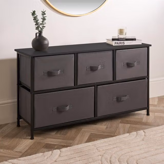 OHS Brooklyn Grey Fabric 5-Drawer Chest Organiser Storage – 1