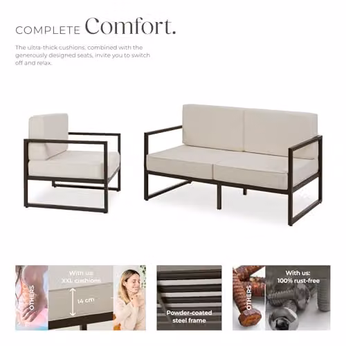 tectake Minimalist Garden Furniture Set in White with 2-Seater Sofa, 2 Lounge Armchairs and Upholstered Cushions with Powder Coated Steel Frames – 4
