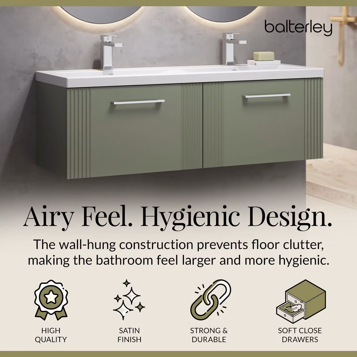Balterley Wall Hung 2 Drawer Vanity Unit with 2 Ceramic Basins, Satin Green, Width: 120 cm – 2