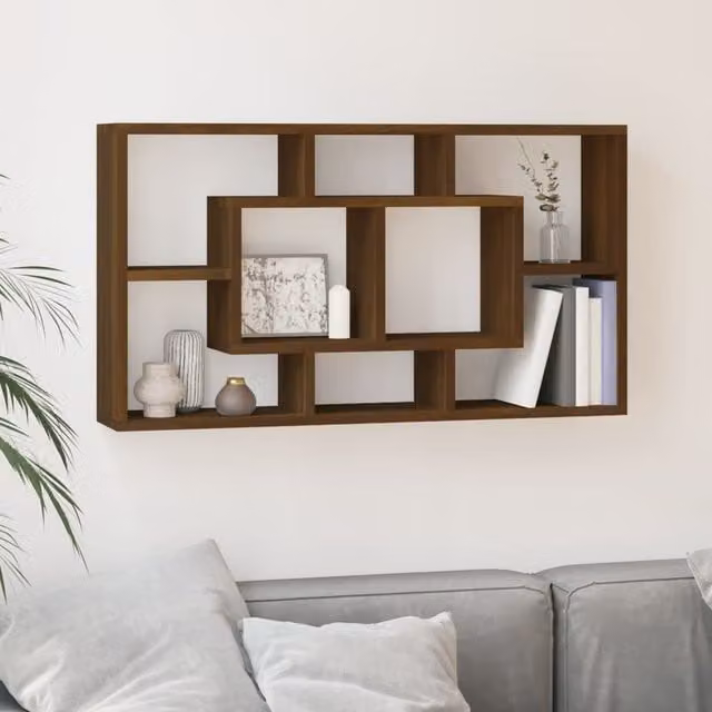 Berkfield Home Wall Mounted Cube Display Shelf with 8 Compartments in Brown Oak – 1