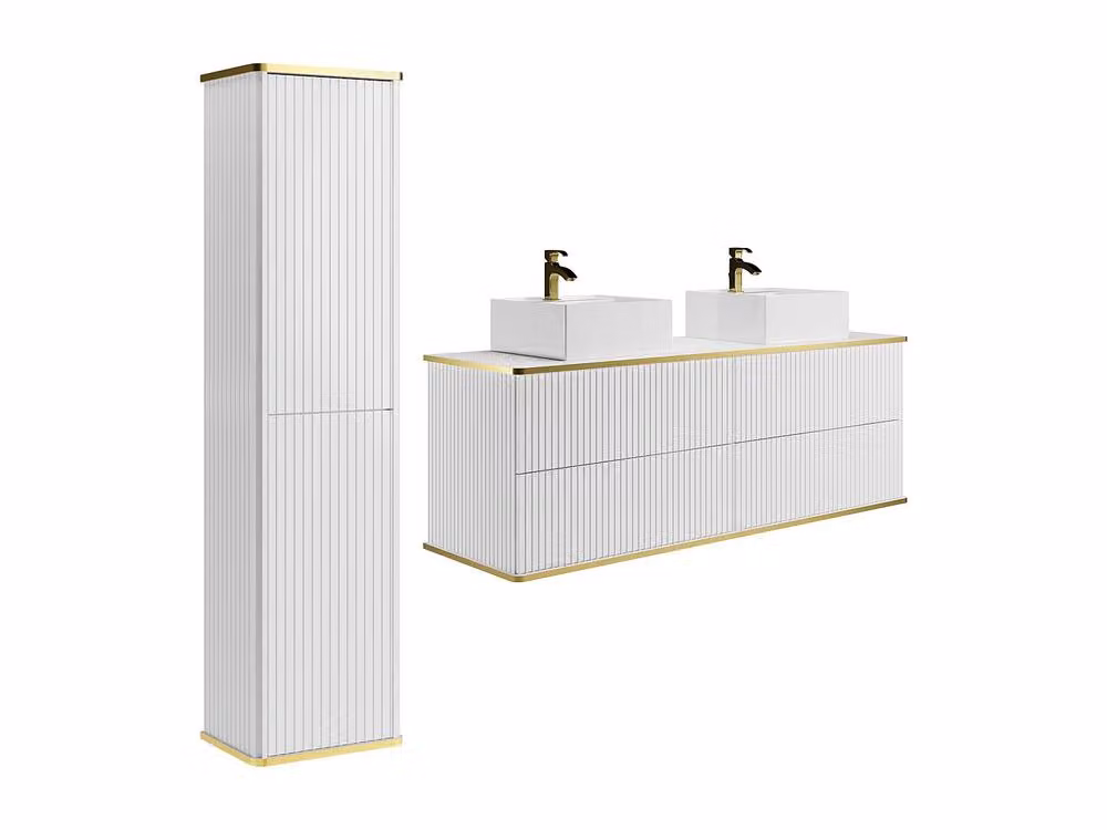 Vente-unique Striped Wall-Hung Bathroom Vanity Unit with Double Square Countertop in White and Gold, W: 150 cm, D: 47 cm, H: 54 cm – 2