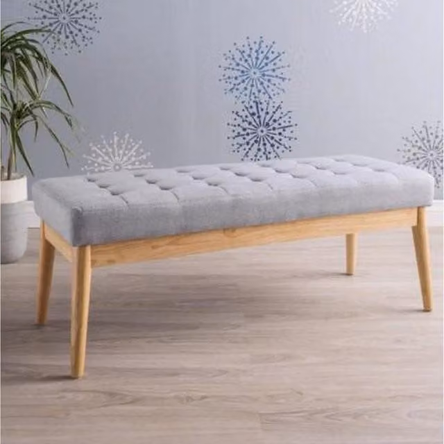 FWStyle Upholstered Light Grey Buttoned Bench Seat with Oak Frame